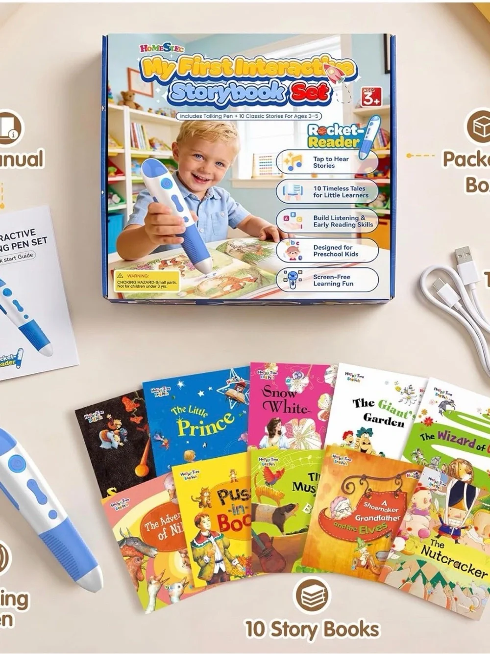 Interactive Audio Story Pen for Kids Ages 3–5 10 Storybooks